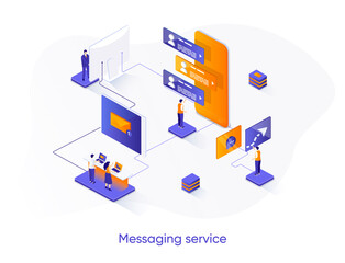 Leinwandbilder - Messaging service isometric web banner. Internet messenger mobile application isometry concept. Online people communication 3d scene, chatting app design. Vector illustration with people characters.