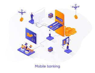 Leinwandbilder - Mobile banking isometric web banner. Digital wallet, fintech mobile application isometry concept. Money transactions and payments 3d scene, smart finance app design. Vector illustration with people.