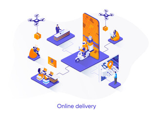 Poster - Online delivery isometric web banner. Express courier delivery service isometry concept. Logistics and distribution mobile application 3d scene design. Vector illustration with people characters.