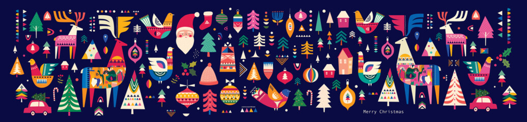 Wall Mural - christmas pattern in scandinavian folk style with deer, christmas tree, bird