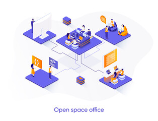 Poster - Open space office isometric web banner. Collaboration at coworking open space isometry concept. Comfortable workplace for developers team 3d scene design. Vector illustration with people characters.