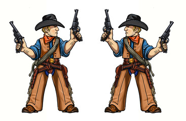 Sticker - Wild west gunfighter cartoon. Cowboy template for coloring book.	