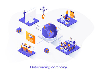 Leinwandbilder - Outsourcing company isometric web banner. Remote workforce and freelancers recruiting isometry concept. Outsourcing software development 3d scene design. Vector illustration with people characters.