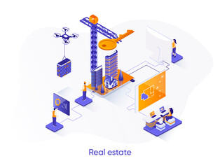 Aufkleber - Real estate isometric web banner. Engineering and construction company isometry concept. Real estate agency, building development business 3d scene design. Vector illustration with people characters.
