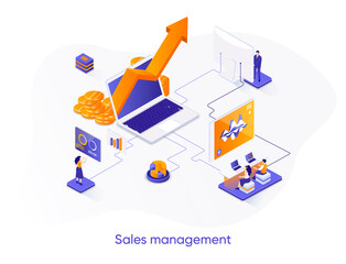Poster - Sales management isometric web banner. Developing sales force isometry concept. Coordinating sales operations, marketing and data analysis 3d scene design. Vector illustration with people characters.