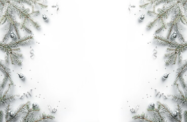 Wall Mural - merry christmas frame made of white fir branches on white background with silver decoration,sparkles