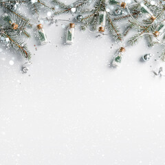 Wall Mural - Merry Christmas garland with light on white background with silver decoration, fir branches, confetti, bokeh, light, glitter. Xmas and New Year greeting card, winter holiday. Flat lay, top view