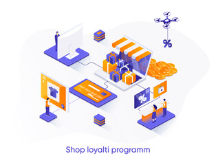 Leinwandbilder - Shop loyalty program isometric web banner. Marketing strategy of attracting, retaining customers isometry concept. Online retail loyalty 3d scene design. Vector illustration with people characters.