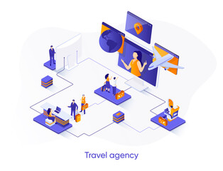 Leinwandbilder - Travel agency isometric web banner. Tour operator isometry concept. Online booking service, comfortable air transportation 3d scene, airport boarding design. Vector illustration with people characters