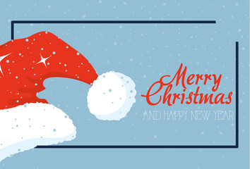 Canvas Print - merry christmas and happy new year with hat and snow vector design