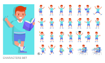 Set of kid character vector design. Boy wear blue shirt and playing. Presentation in various action with emotions, running, standing and walking.