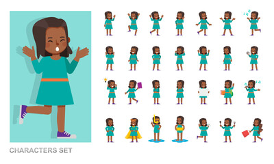 Wall Mural - Set of kid character vector design. Girl wear green T-shirt and playing. Presentation in various action with emotions, running, standing and walking.