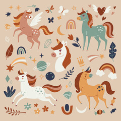 Wall Mural - Unicorns collection. Vector illustration of cute cartoon white Unicorns and magical symbols in trendy colors. Isolated on background.