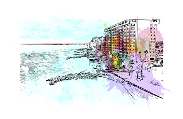 Building view with landmark of Clearwater is a city in Florida. Watercolour splash with hand drawn sketch illustration in vector.