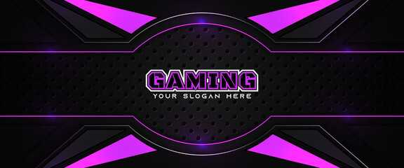 Wall Mural - Futuristic purple and black abstract gaming banner design template with metal technology concept. Vector graphic for business corporate promotion, game header social media, live streaming background