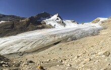 Glacial Moraine And Crevassed Des Poilus Glacier Landscape With Mont Des Poilus Mountain Peak In Yoho National Park, Canadian Rockies