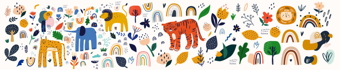  Decorative abstract horizontal banner with colorful doodles. Hand-drawn Abstract doodles. Baby animals pattern. Fabric pattern. Vector illustration with cute animals. Nursery baby pattern illustration