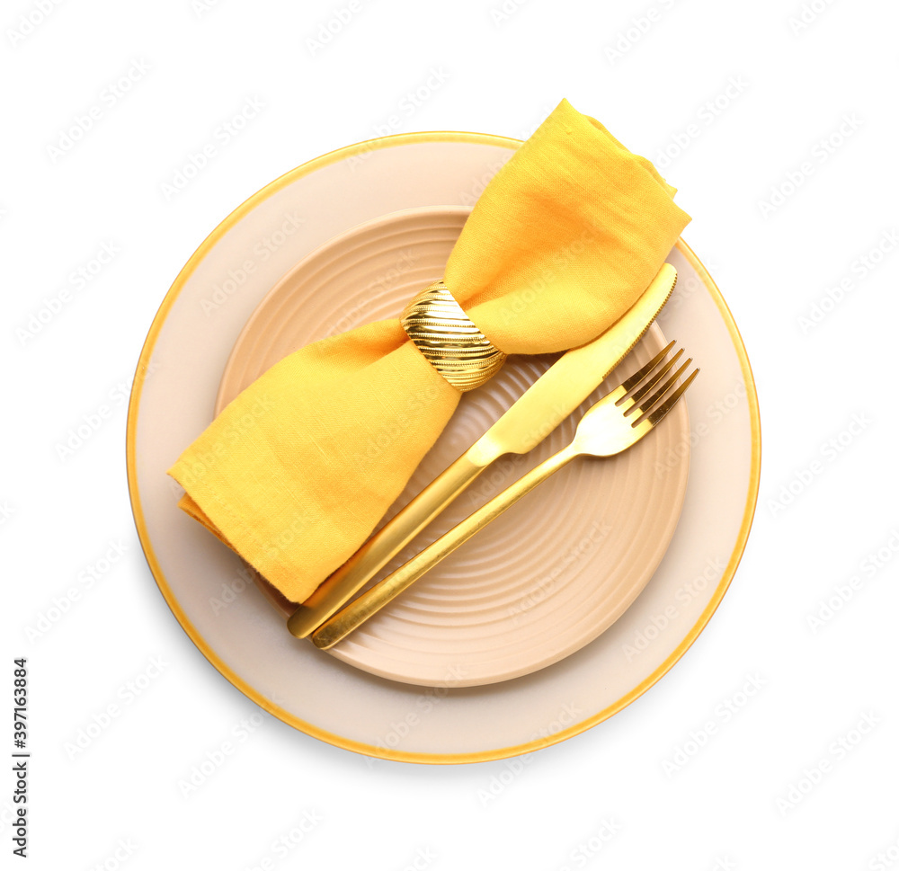 Beautiful table setting on white background