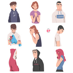 Poster - Tearful Male and Female Suffering Because of Lost Love and Heartbreak Vector Illustration Set