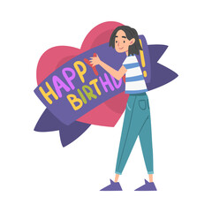 Poster - Joyful Girl Holding Huge Heart with Happy Birthday Lettering Cartoon Style Vector Illustration