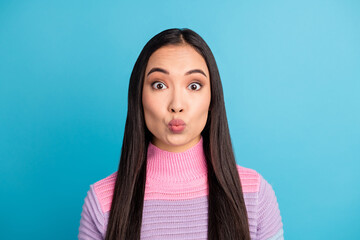 Poster - Close-up portrait of nice girl wearing turtleneck sending kiss Valentine day isolated over bright blue color background