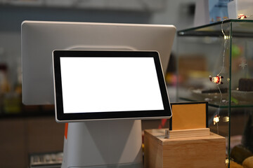 Cashier machine touch screen with blank screen in modern cafe.