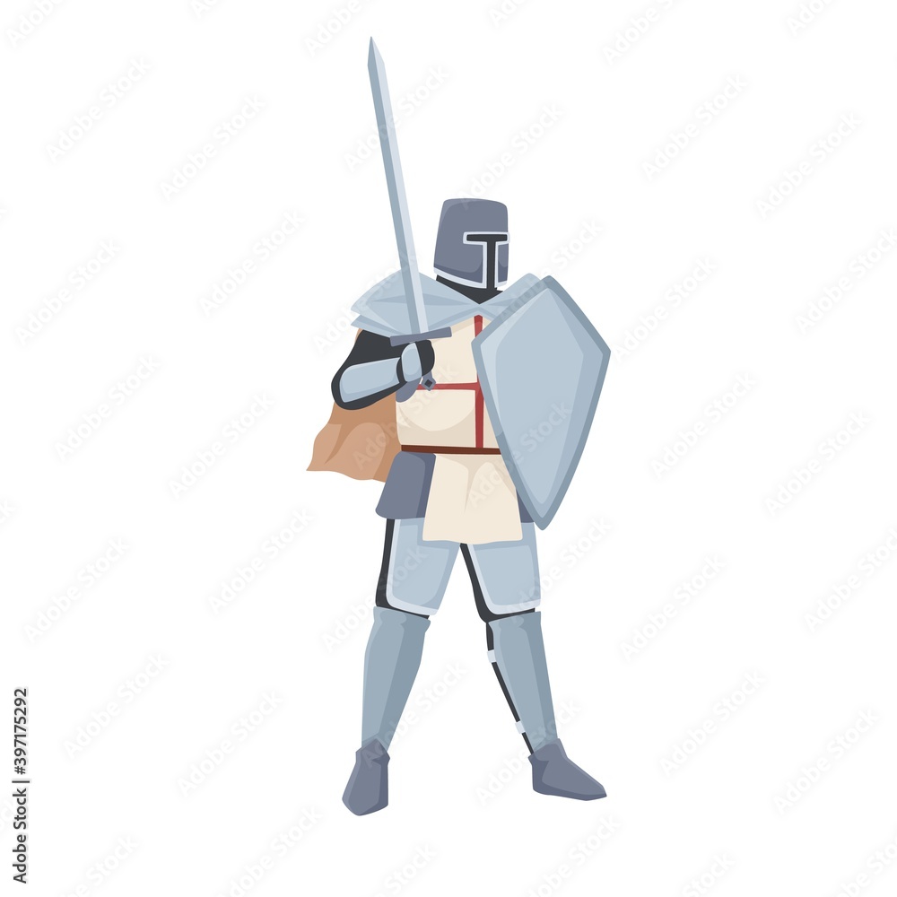 Medieval knight standing in armor and helmet holding shield and raised ...