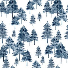 Watercolor forest landscape seamless pattern with minimalism fir tree. Deep blue color background for textile fabric, wrapping paper, wedding invintation, wallpaper decor.