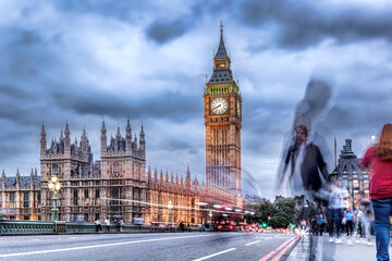 Fototapete - Big Ben with people on bridge in the evening, London, England, United Kingdom