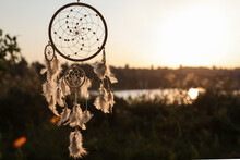 Beautiful Handmade Dream Catcher Outdoors. Space For Text