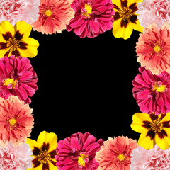 Fotomurales - Beautiful flower frame made of dahlias, marigolds and carnations. Isolated