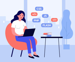 Woman learning web design. Girl with laptop, stack of books flat vector illustration. Programming, education, online course concept for banner, website design or landing web page