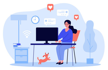 Woman using computer and chatting online at home. Blogger, pet, getting likes flat vector illustration. Social media, blog, communication concept for banner, website design or landing web page