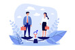 © Bro Vector - Equal male and female tiny employees standing on balance scale. Vector illustration for gender equality, equal rights, career opportunities, discrimination, workforce, business concept