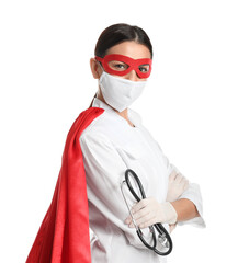 Poster - Doctor dressed as superhero posing on white background. Concept of medical workers fighting with COVID-19