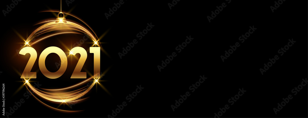 Glowing golden happy new year 2021 bauble on black - obrazy, fototapety, plakaty 