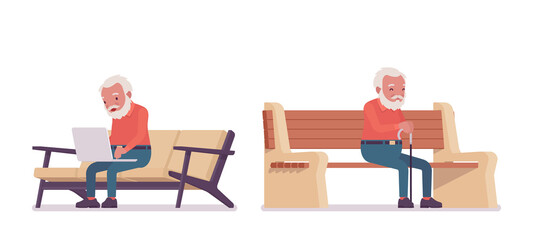 Wall Mural - Old man, elderly person sitting on bench with laptop, cane. Senior citizen over 65 years, retired bearded grandfather, aged pensioner. Vector flat style cartoon illustration isolated, white background