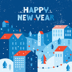 Wall Mural - Holiday snow city in winter decorated with garlands. Urban landscape in a geometric minimal flat style. Houses on a hill among snowdrifts and trees. Happy new year banner or greeting card in vector