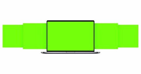 Wall Mural - laptop computer with blank green sliding app screens isolated on white background. animation for sho