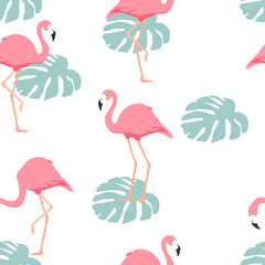 Canvas Print - Tropical flamingo seamless pattern, background. Vector