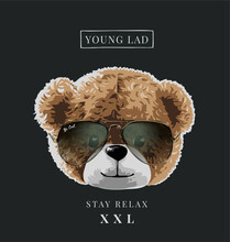Young Lad Slogan With Bear Doll In Sunglasses Illustration On Black Background
