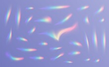 Refractions Set In Different Shapes, Rainbow Sunlight Effect, Holographic Rays Collection Isolated On A Transparent Background.