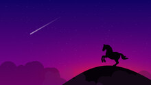 Beautiful Landscape With A Dark Starry Sky And A Shooting Star. On A High Hill Among The Clouds - The Silhouette Of A Horse Standing On Its Hind Legs. Vector Illustration