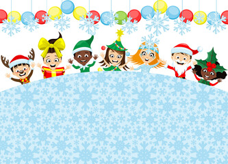 Poster - Christmas background with cheerful children in festive costumes isolated on white background.