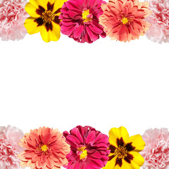 Fotomurales - Beautiful flower frame made of dahlias, marigolds and carnations. Isolated