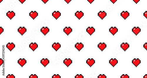 Pattern with red pixel hearts on a white background. Eight-bit video games. V...