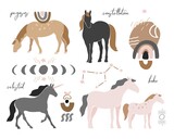Big set of magic horses, unicorns, rainbow, moons, suns, constellations in a cut-out shapes style. Abstract symbols, elements, signs of boho aesthetics isolated on white. Flat vector illustration.
