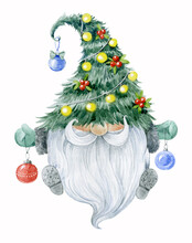 Christmas Fancy Gnome With Christmas Tree, Garland And Balloons. Watercolor Illustration.