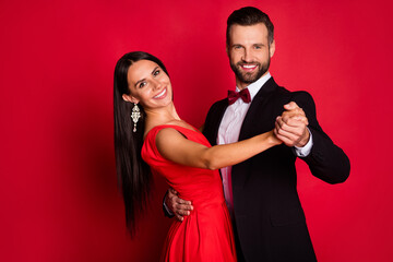 Canvas Print - Photo of nice lady guy enjoying dancing tango toothy smile good mood isolated on red color background