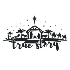 True Story Nativity Scene Silhouette. Holidays Christmas Religion. Holy Night Characters. Cut File Design. Vector Clip Art.